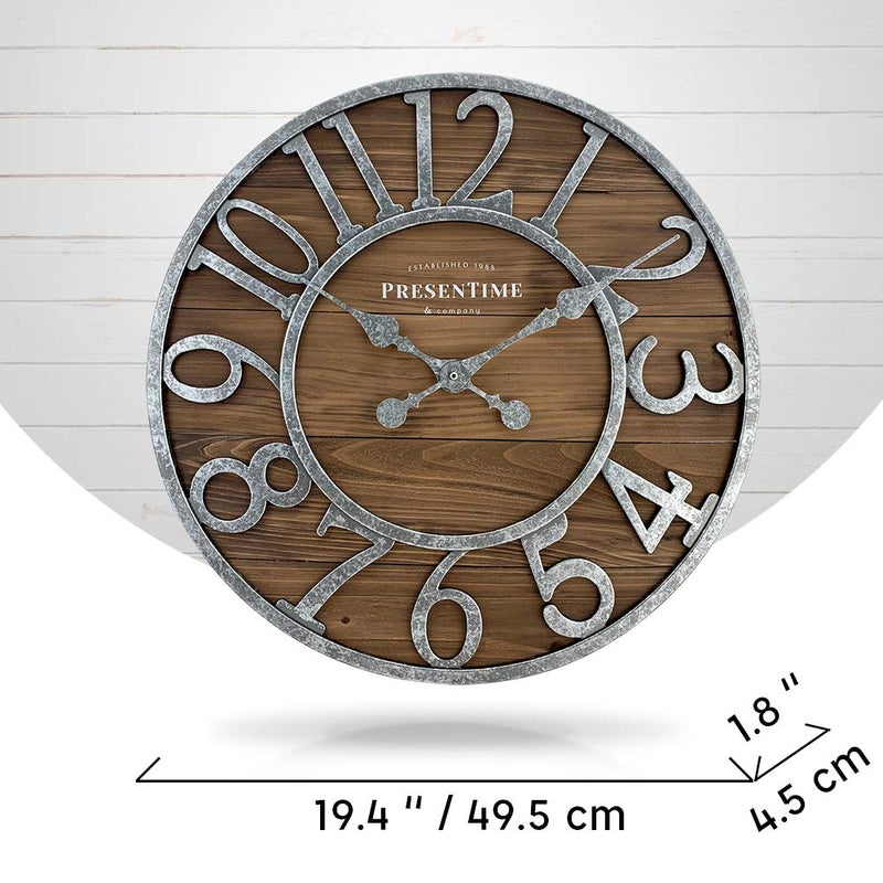 Presentime & Co Vintage Farmhouse Series, Galvanized Rustic Barnwood Clock, 19.5 inch, Galvanized Finish Arabic Numerals with Weathered Natural Barnwood, Farmhouse DÃ©cor/Wall DÃ©cor - Image 5